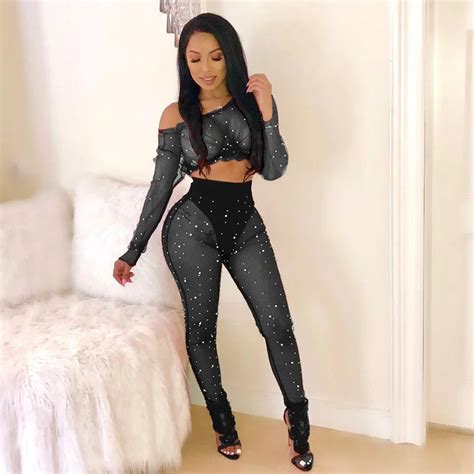 sexy black mesh beading rompers womens jumpsuit o neck sleeveless see through night club party