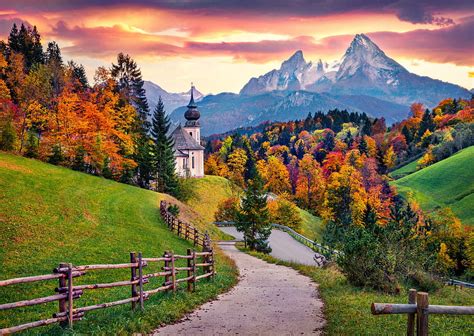 Autumn In Bavaria Village Hills Fall Path Church Mountain Fence