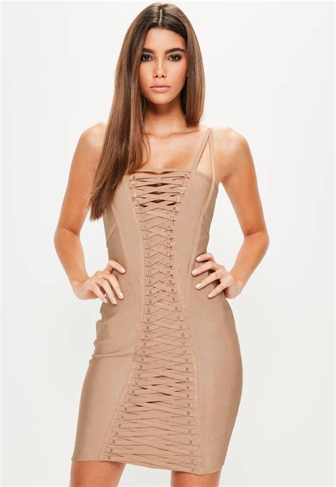 Missguided Nude Bandage Strap Detail Bodycon Dress In Natural Lyst