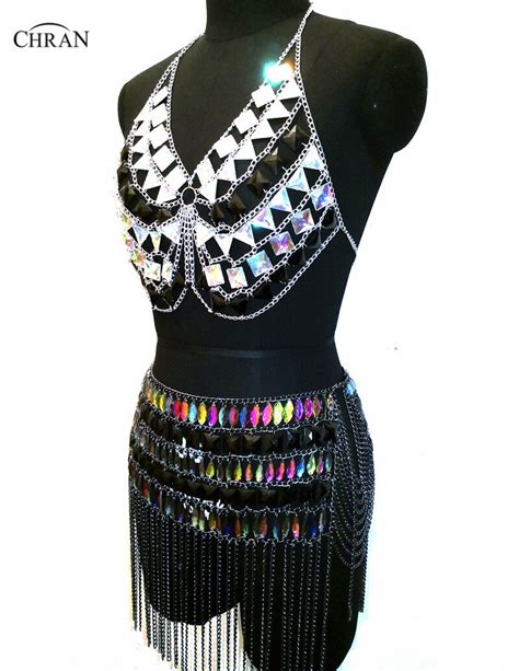 Chran Fringe Skirt Bra Set Edm Belly Dancer Belt Chain Necklace Rave