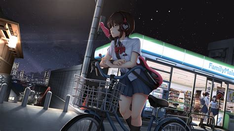 Desktop Wallpaper Cycling Anime Girl Street Original Hd Image