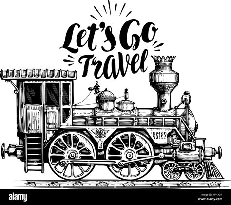 Hand Drawn Vintage Locomotive Steam Train Transport Railway Engine