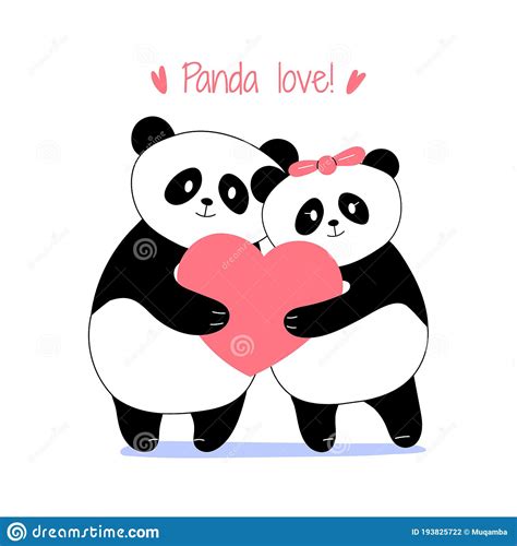 Sweet Lovely Cute Panda Couple Illustration Holding Heart Sign With