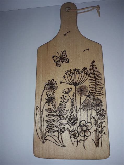 New Pyrographed With Wild Flowers Birch Wood Chopping Board Cms