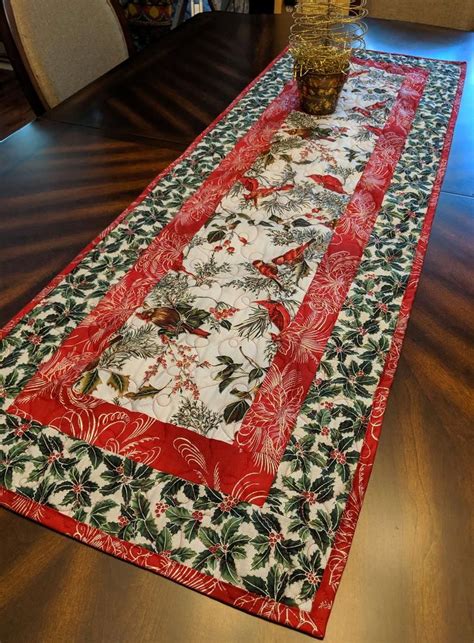 Quilted Christmas Table Runner Cardinals Holly Chickadees Etsy