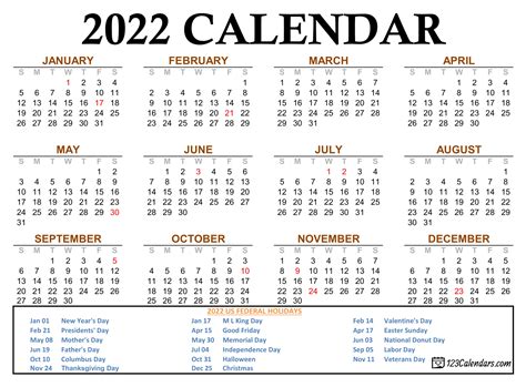 Printable Calendar 2022 With Holidays 6 Templates Printable Yearly Riset