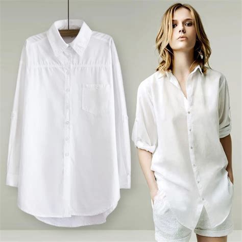 Cotton Spring Summer Women Long White Shirt Long Sleeved