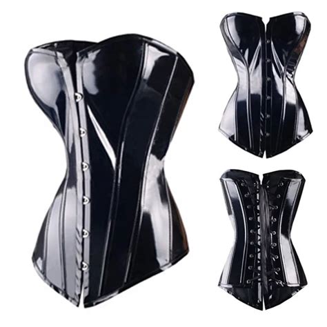 black waist slimming corset lace up overbust sexy faux leather pvc corsets and bustiers