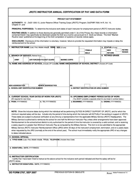 Jrotc Instructor Annual Certification Of Pay And Data Form Printable