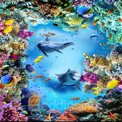 Colorful Dolphins Surrounded By Corals Under Sea Waterproof 3d Floor
