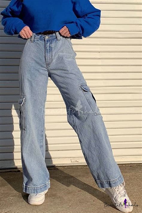 Street Trendy Girls High Waist Utility Long Baggy Wide Jeans In Blue