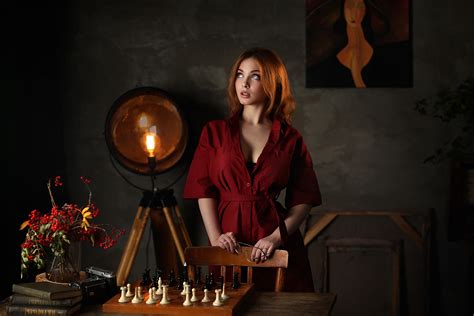 Women Indoors Women Model Dmitry Arhar Glasses Chess Elena Looking Up