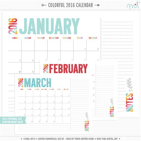 New 2016 Colorful Calendars Free Printables