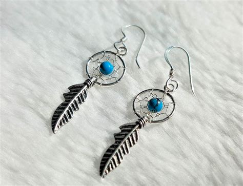 Dream Catcher 925 Sterling Silver Earrings With Turquoise Beads