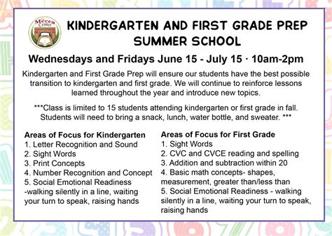 Kindergarten And First Grade Prep Summer School June 15 July 15