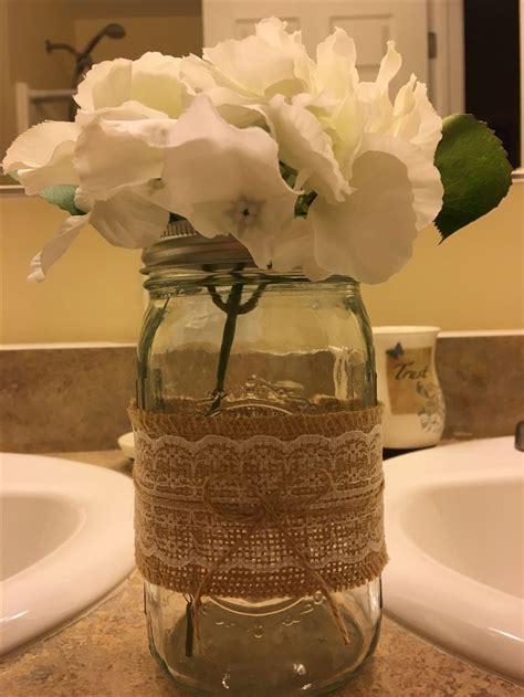 Silk Hydrangeas In A Mason Jar With Burlap Lace And Twine Use Glue