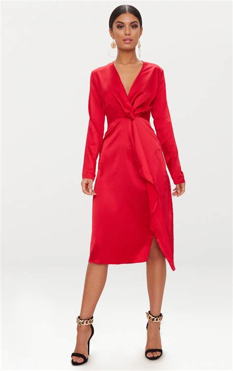 Red Satin Long Sleeve Wrap Midi Dress Prettylittlething Ca