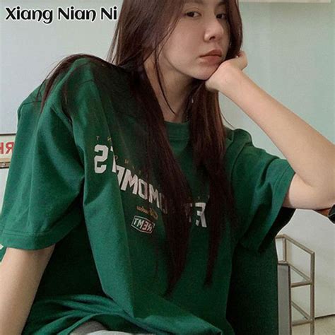 Xiang Nian Ni เสื้อยืดสำหรับผู้หญิงเสื้อโอเวอร์ไซส์ผ้าฝ้ายสีเขียววินเท