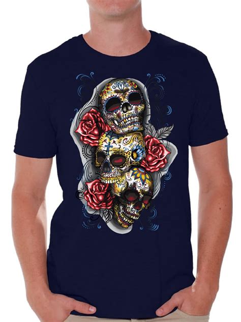 awkward styles three sugar skull tshirt for men skull red roses shirt sugar skull shirt men s