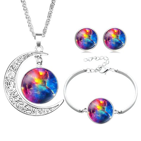 Hot Sale Nebula Space Universe Galaxy Crescent Glass Cabochon Necklace
