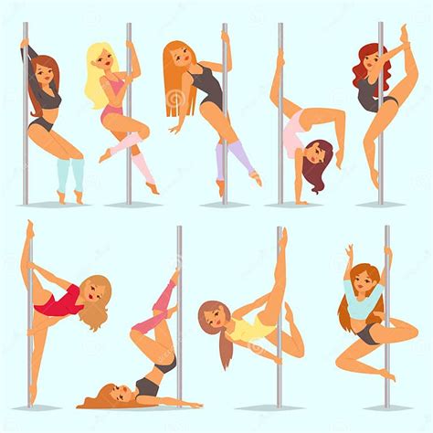 Vector Pole Dance Women Cartoon Style Isolated On Background Young Slim Beautiful Pilon