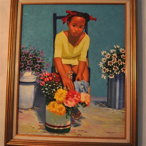 Vintage Colorful Painting Of Little Black Girl With Flowers By Jorge