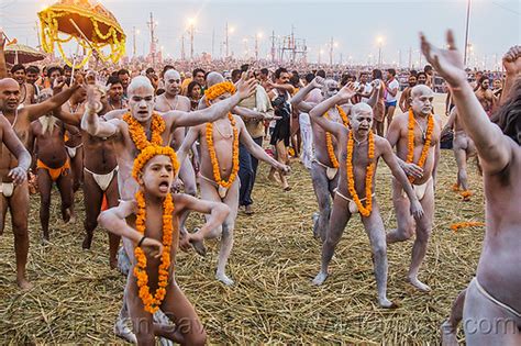 Hindu Men Covered In White Vibhuti Holy Ash Running Toward The Ganges River Kumbh Mela India