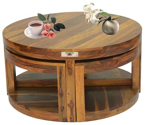 Rootwood Sheesham Wood Round Coffee Table For Living Room With 4 Stool