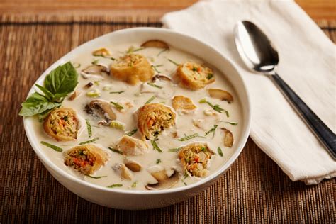 In thailand, most tom kha kai recipes typically include coconut milk, galangal, kaffir lime leaves, lemongrass. Thai-Style Coconut Chicken Soup with Egg Rolls (Tom Kha Gai)