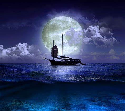 1366x768px 720p Free Download Moonlight Boat Moon Nature Night