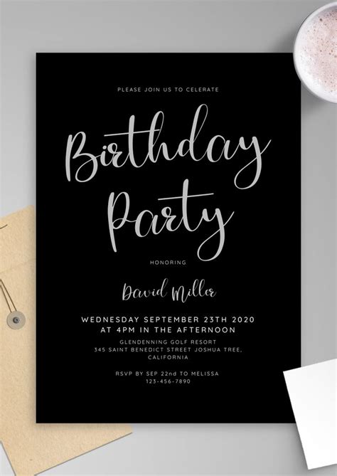 Elegant And Gorgeous Birthday Party Invitation For Him Featuring Black Back Printable