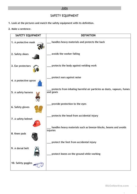 Worksheets and no prep teaching resources october theme units and daily themes. Safety equipment worksheet - Free ESL printable worksheets ...