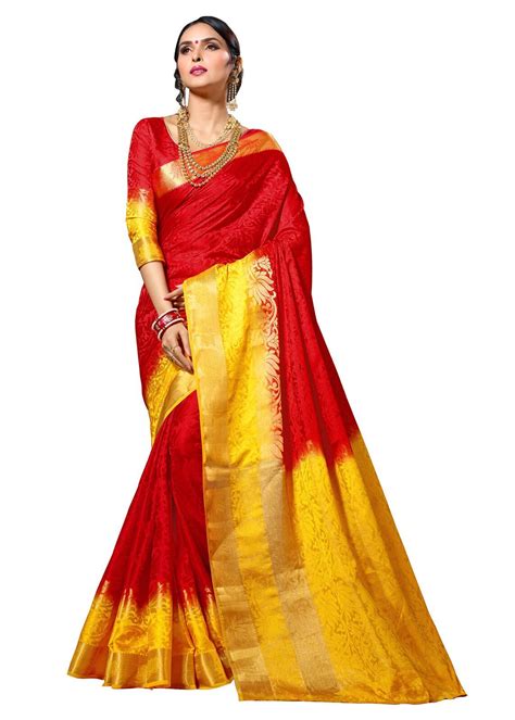 Red And Yellow Designer Heavy Silk Jacquard Saree With Blouse 1