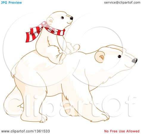 Clipart Of A Cute Baby Polar Bear Cub Riding On The Back Of An Adult