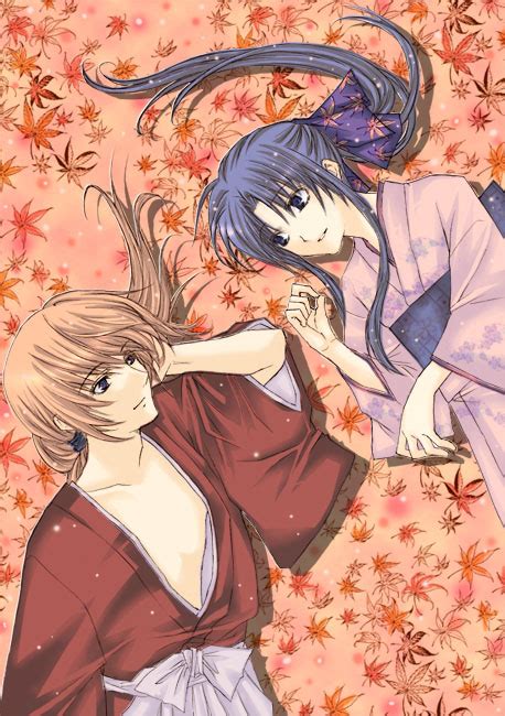 Safebooru Blue Eyes Blue Hair Blue Ribbon Couple Female Himura Kenshin Japanese Clothes Kamiya