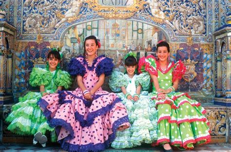 Spanish Girls In Traditional Costume Pose For A Photograph In Sevilla Spain Spanish Girls