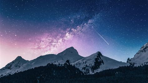 Snow Covered Mountains Trees Forest Under Light Pink Blue Starry Sky Hd