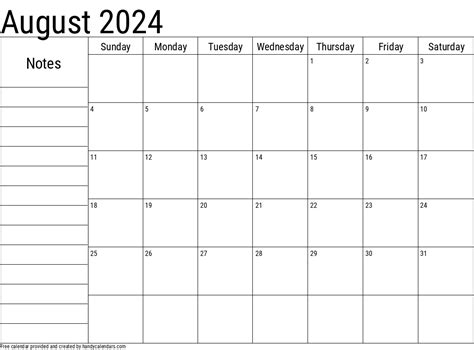 August 2024 Calendar With Notes Handy Calendars