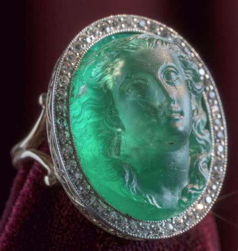 An Antique Emerald Cameo And Diamond Ring Italian Mid 19th Century