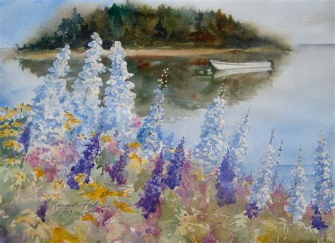 Summer In Maine Watercolor Original 11x15 Foxgloves Boat Small Painting