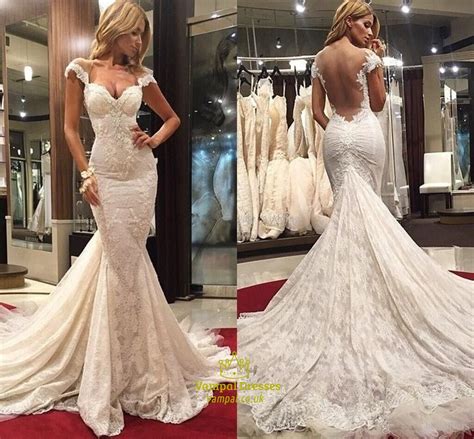 Ivory Backless Cap Sleeve Lace Mermaid Wedding Dress With Long Train