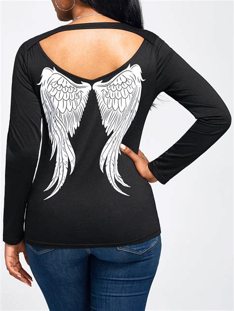 Black Xl Cut Out Angel Wings Print Long Sleeve T Shirt