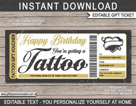 Tattoo Certificate Template Birthday Gift Card Voucher Ticket Etsy France