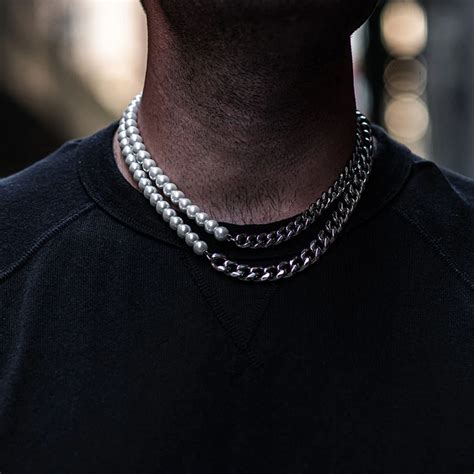 Half White Mm White Pearls And Half Mm Cuban Link Choker Necklace Mens Pearl Necklace Mens