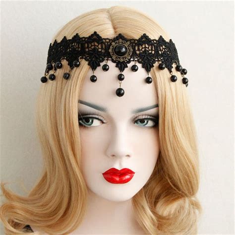 women lace black elastic headband punk gothic crown tiara forehead hair garland lace headbands