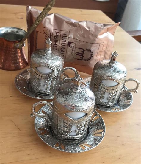 Turkish Coffee Set Silver Color Mugs Porcelain Cups Copper Cezve