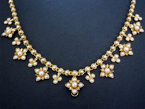 Antique Victorian Calibrated Half Pearl Paved Gold Necklace