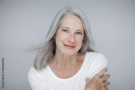 Stunning Beautiful And Self Confident Best Aged Woman With Grey Hair Smiling Into Camera Stock