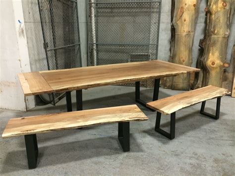 A Hickory Live Edge Table On Steel Legs With 2 Matching Benches