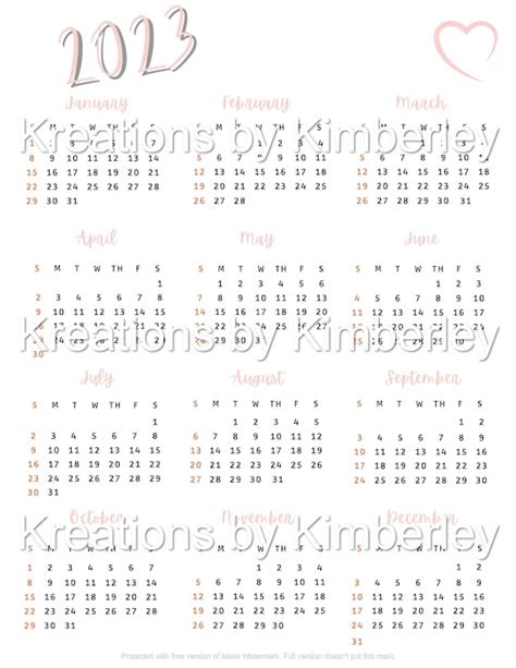 Editable 2023 Calendar 1 Page Template 2023 Calendar Canva Etsy Uk